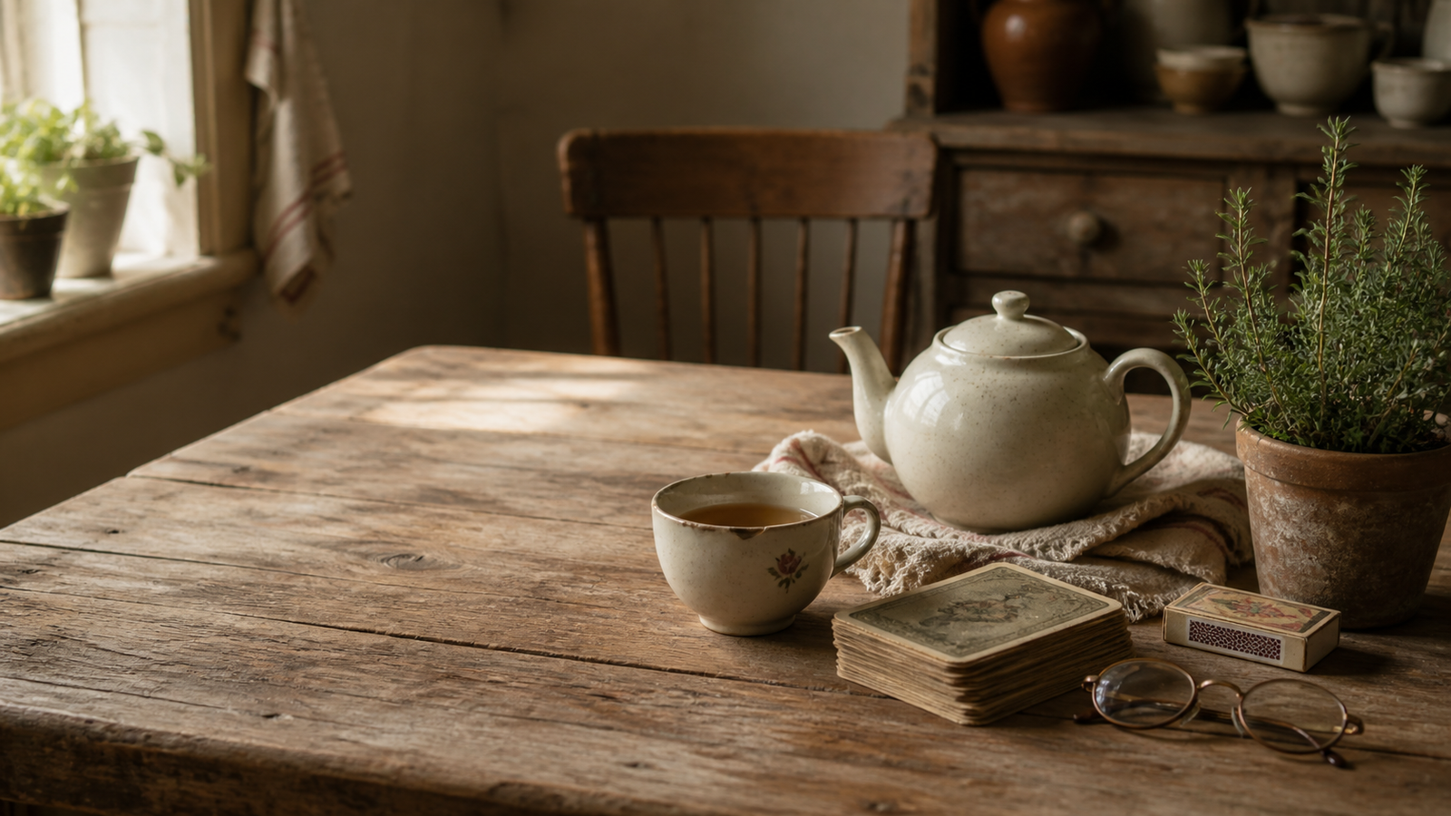 A quiet wooden table set with tea and tarot cards