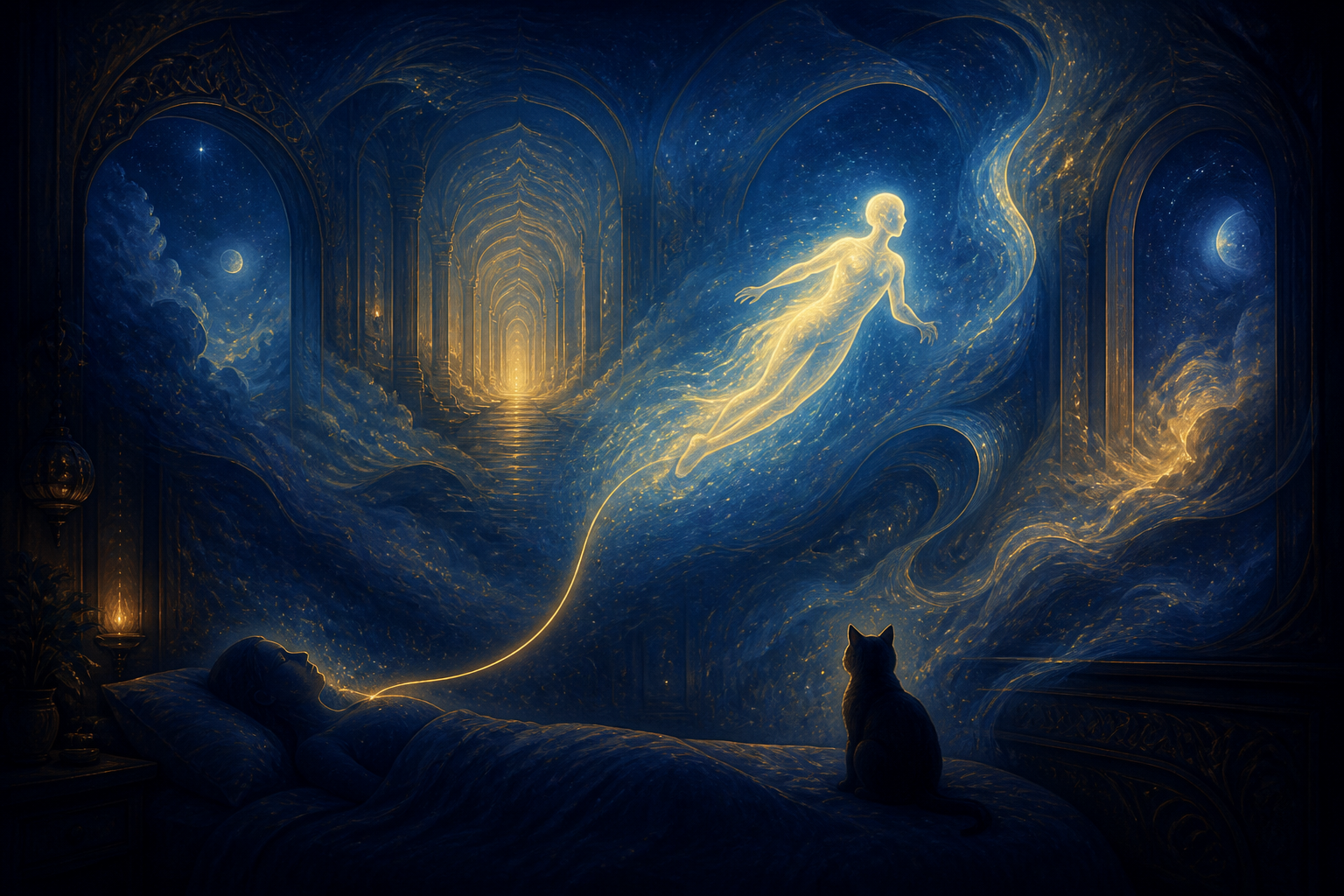 Dreamwalking through the eclipse portal while the sleeping vessel remains tethered and guarded