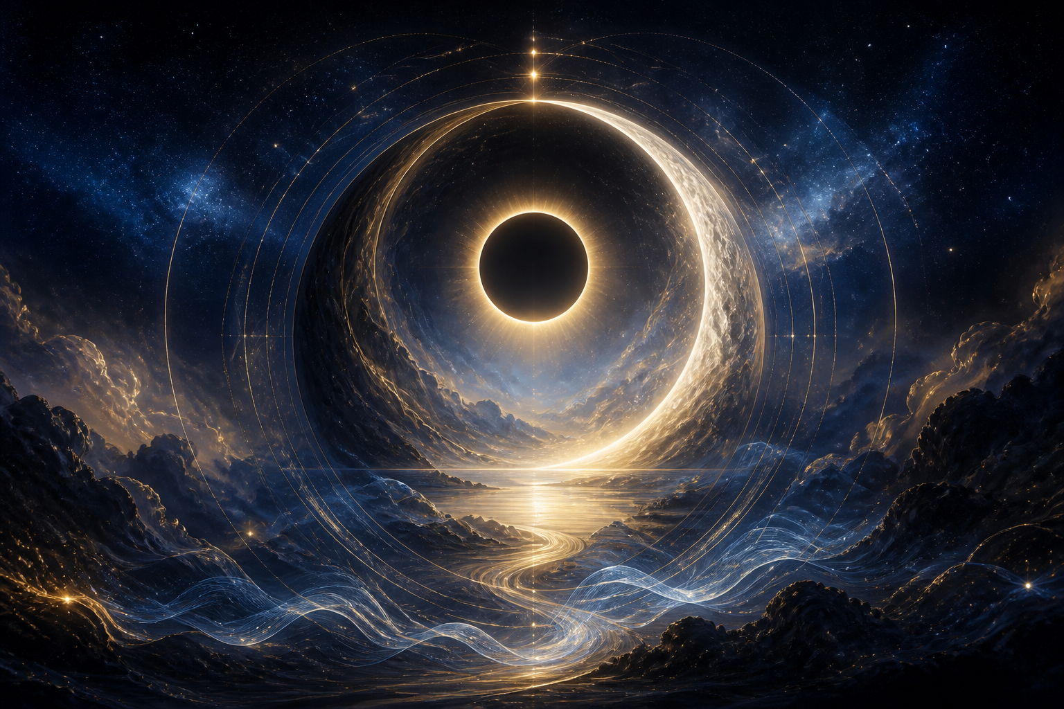 A solar eclipse opening into a luminous blue-and-gold dreamscape portal.