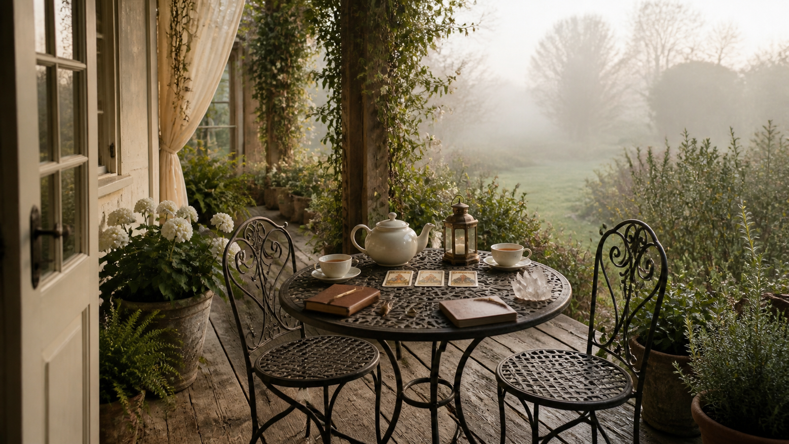 An open doorway leading to a quiet misty veranda with tea